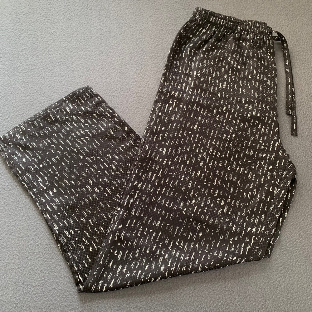 Man Silk 100% Silk Lounge Pajama Pants Black White Abstract Print Drawstring XL